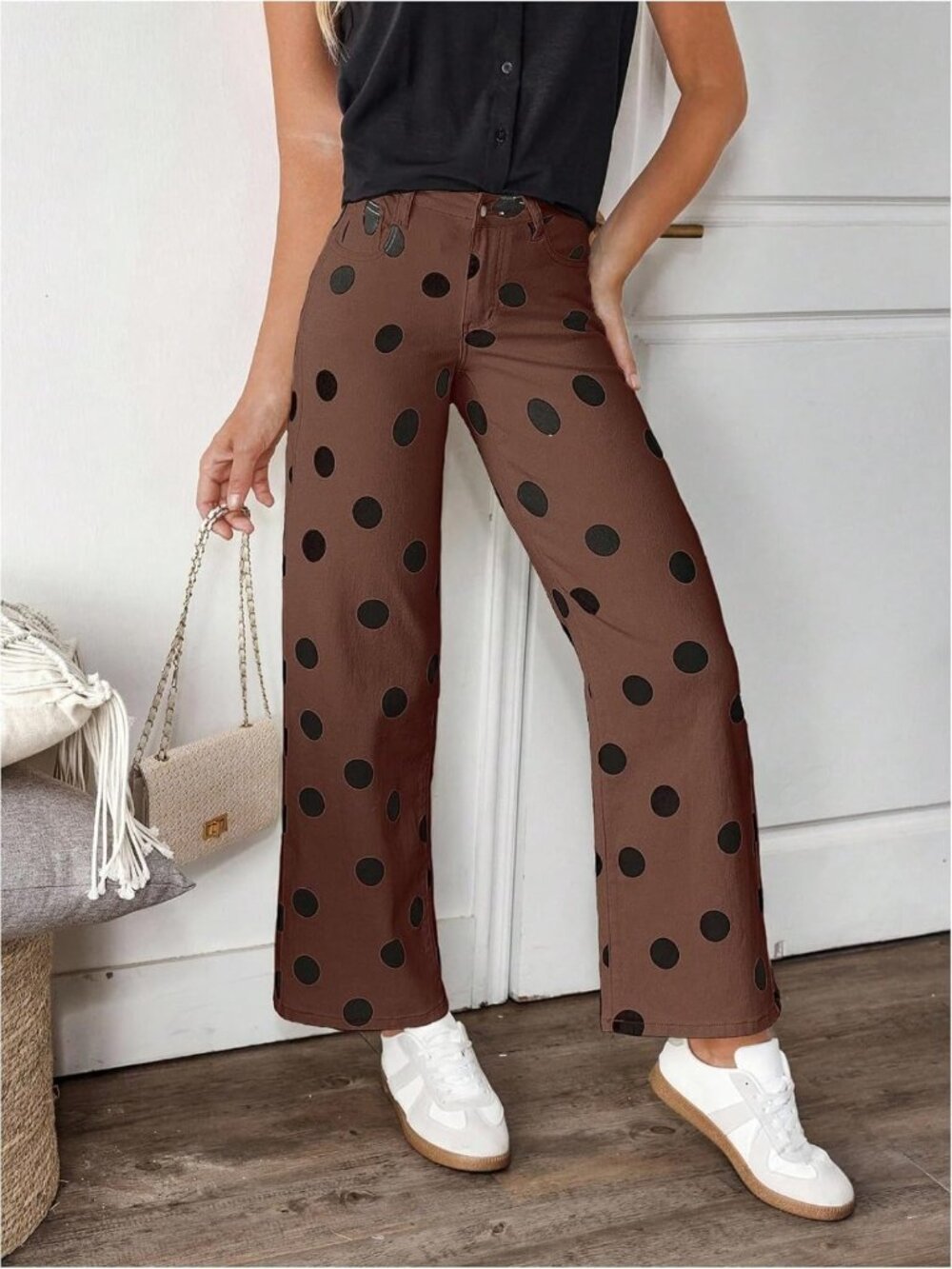 Vintage Polka Dot Stretchy Straight Leg Denim Jeans for Women - Trendy Casual - Picture 4 of 6
